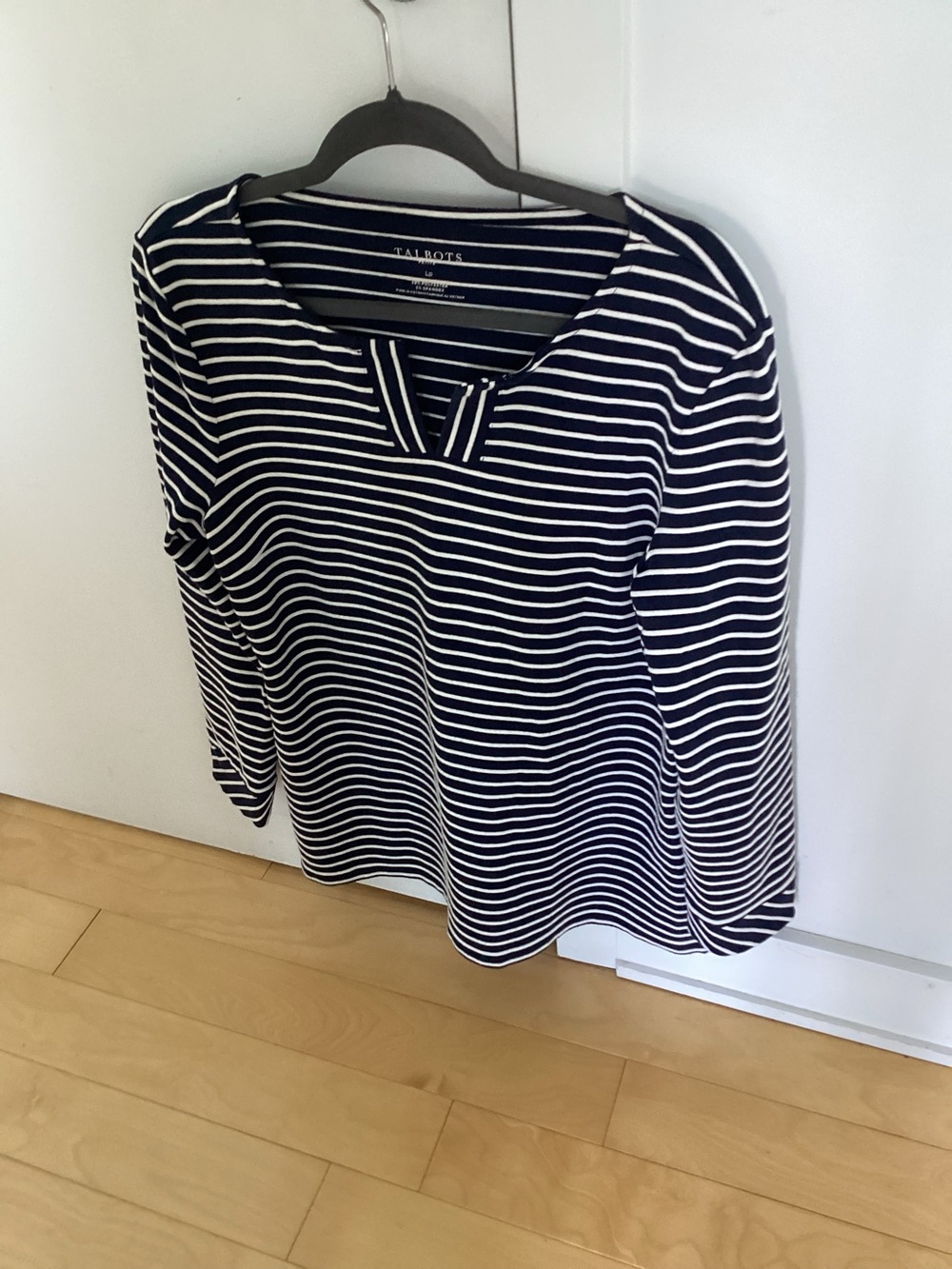 Talbots Navy & White Striped Long Sleeve Tee with V-Notch